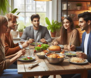 people sat at a table eating and chatting