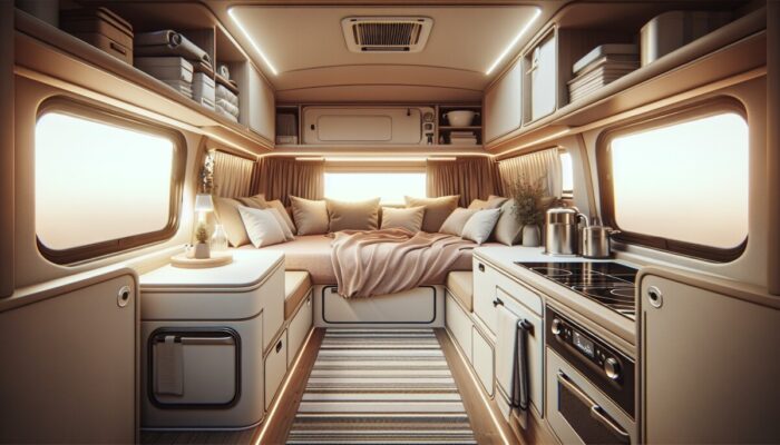 Cozy camper van interior featuring sleeping area, kitchenette, and storage for comfortable road living.