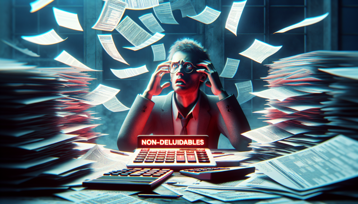 Are Debt Consolidation Fees Tax-Deductible: A Guide | DCL Individual appearing perplexed amidst scattered documents and calculators, with a tax form highlighting non-deductible fees in red.
