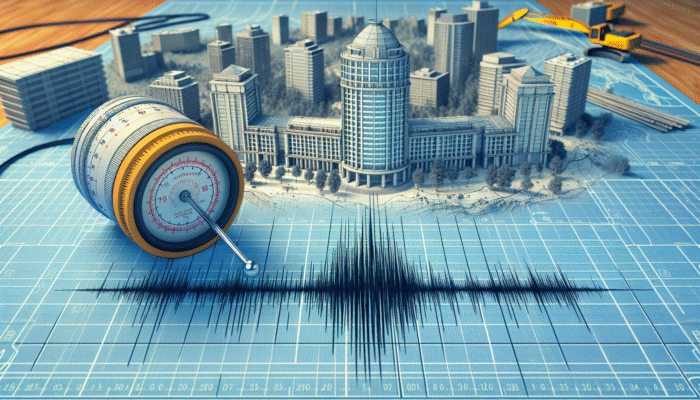 Blueprint of a modern Chilean building with earthquake-resistant design and a seismograph indicating seismic activity.
