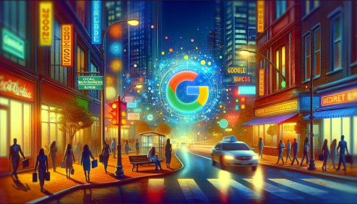 A city street featuring a Google Business sign, local businesses, and performance charts for SEO improvement.