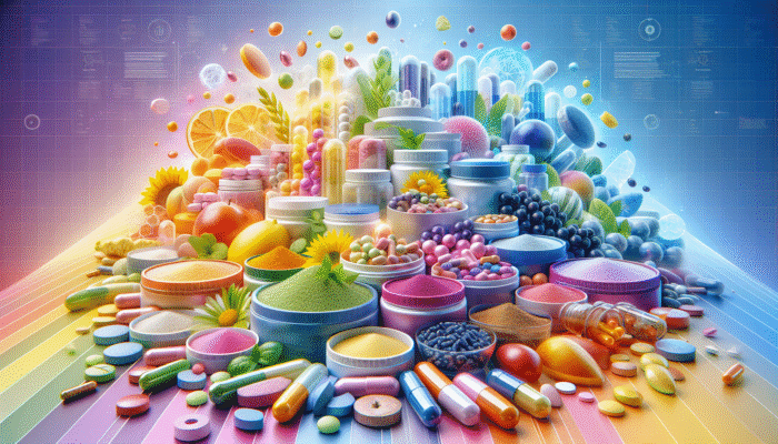 A vibrant assortment of dietary supplements in capsules, tablets, and powders against a colorful backdrop.