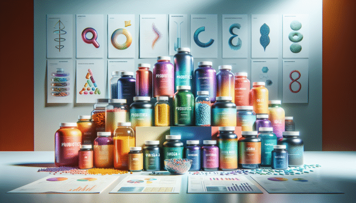 An assortment of specialty supplement bottles featuring probiotics, omega-3, and protein powders set against a health-centric backdrop.