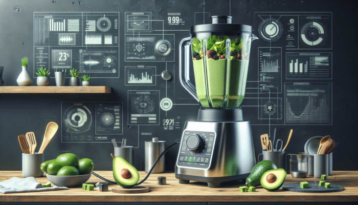 State-of-the-art blender showcasing a powerful 1000-watt motor, expertly blending vibrant green smoothies and creamy avocado dips to achieve a silky-smooth consistency.
