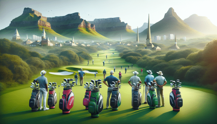Golfers proudly displaying vibrant, lightweight golf bags against the stunning landscapes and landmarks of South Africa.
