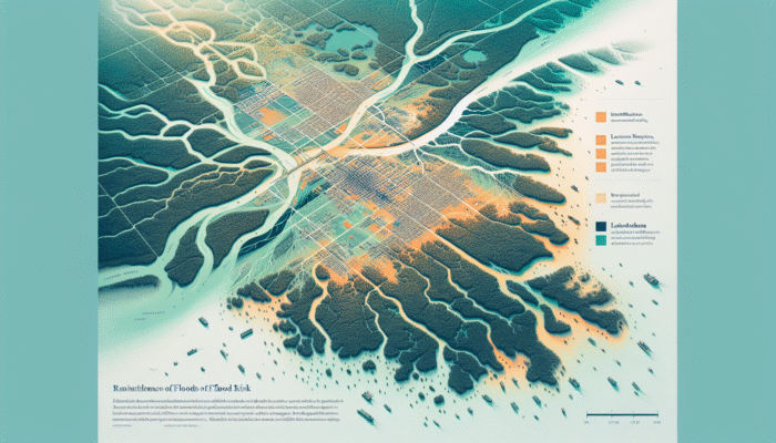 Flood Rescue Techniques: Aerial view of flood-prone area highlighting risk zones, vulnerable infrastructure, and socio-economic impacts in Louisiana or Sundarbans.