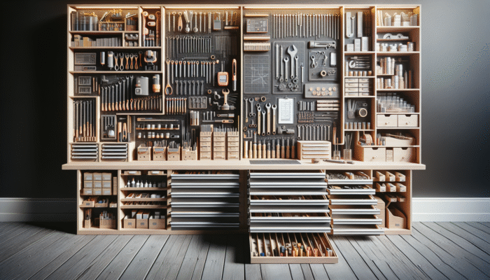 An expertly organised workshop with tools neatly categorised on labelled shelves and drawers.