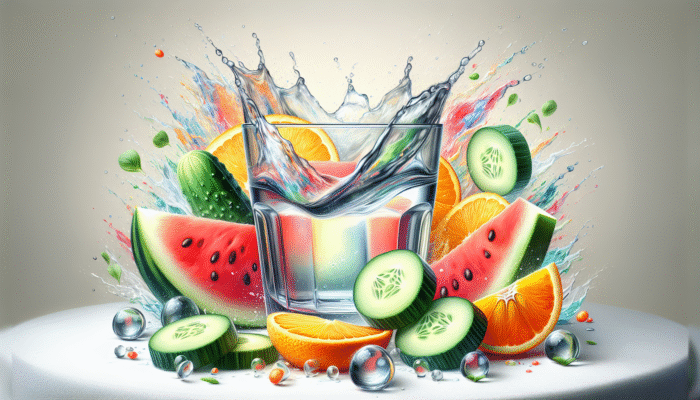A glass of water infused with cucumber, orange, and watermelon slices, symbolizing hydration for hair health.