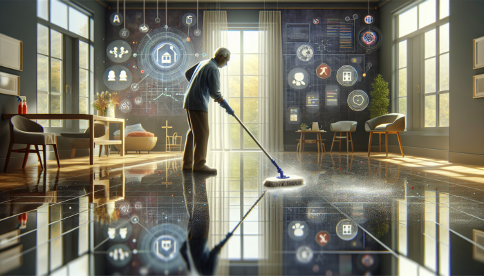 Person utilizing a spray mop on a glossy stone floor, ensuring safety in a home with children and elderly.