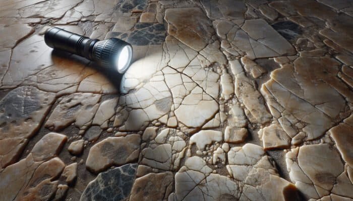 Detailed inspection of cracked limestone flooring showcasing various cracks, moisture, debris, and uneven tiles.