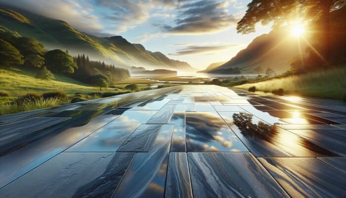 A beautiful Inverclyde landscape showcasing a luxurious, waterproofed stone floor that mirrors its vibrant surroundings, illustrating durability and protection.