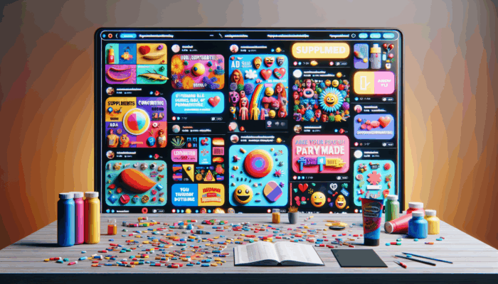 A vibrant social media interface featuring humorous supplement ads, witty slogans, animations, and memes.