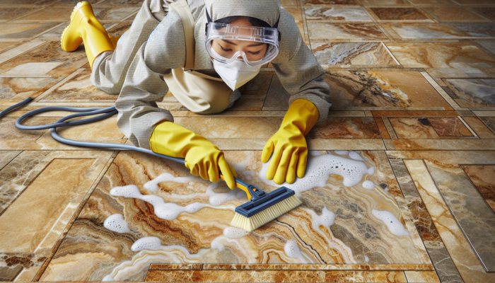 Close-up of well-maintained travertine tiles with an individual using cleaning tools, highlighting the significance of regular care.