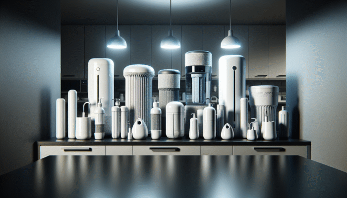 A variety of modern water filter systems displayed on a sleek countertop in a minimalist kitchen, labeled by function and contaminant removal capability.