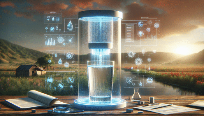 A modern water filter featuring UV purification technology, set in a rural area, effectively purifying water.
