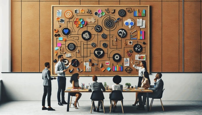 A creative workspace featuring a planning board and team members engaged in discussions about video content strategies.