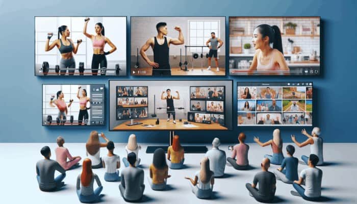 Engaging fitness tutorials, expert interviews, and behind-the-scenes vlogs displayed on screens, captivating a diverse audience.