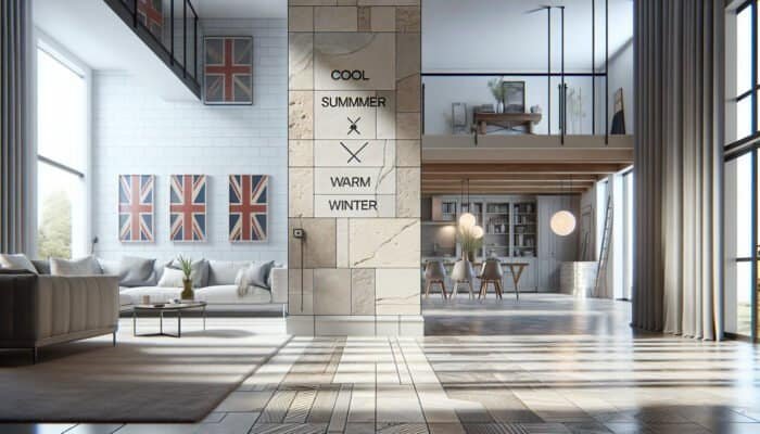 Elegant UK home interior featuring durable travertine tiles that provide thermal comfort and timeless style.