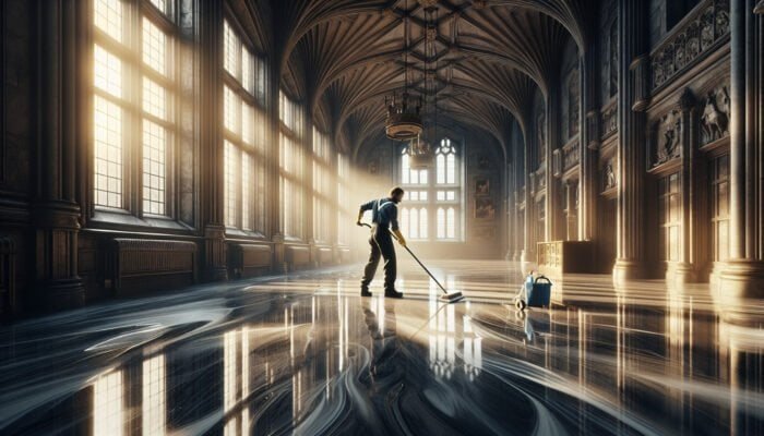 A person meticulously cleaning glossy marble floors in a Scottish Borders castle, ensuring a streak-free shine with sunlight filtering through the windows.