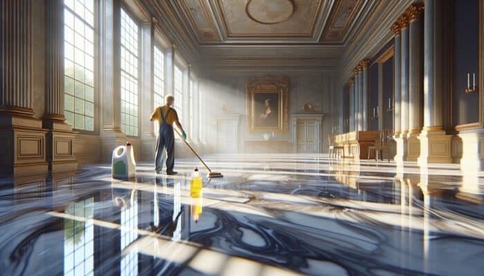 A person diligently cleaning glossy marble floors in a historic Scottish Borders home, ensuring no streaks with sunlight streaming through the windows.