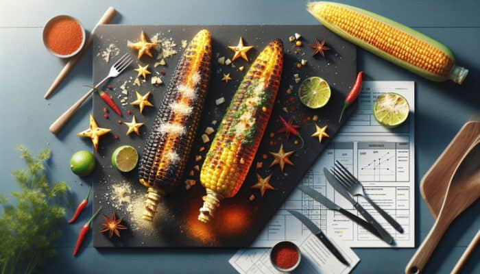 Grilled corn drizzled with truffle oil and sprinkled with parmesan, alongside chili lime with cotija cheese, perfect for summer BBQ.