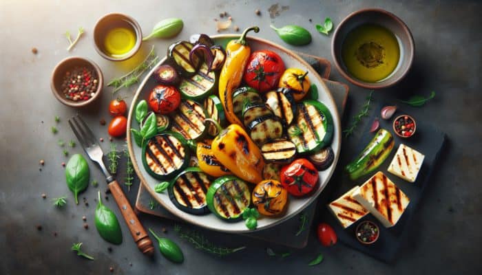 Colorful platter of grilled vegetables including zucchini, bell peppers, eggplant, halloumi, and tofu, drizzled with herb-infused oil and vinegar.