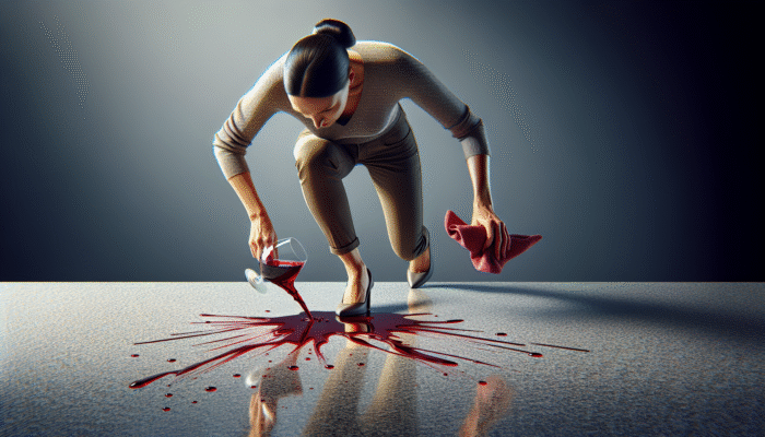 Individual blotting a red wine spill on granite floor with cloth to prevent stains and etching.