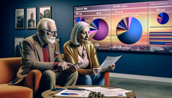 Elderly couple reviewing loan documents at a UK bank, with Brexit news on TV in the background.