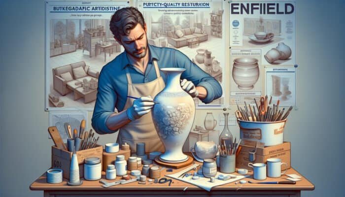 An expert artisan in Enfield carefully restoring a chipped porcelain vase using affordable tools while ensuring quality craftsmanship.
