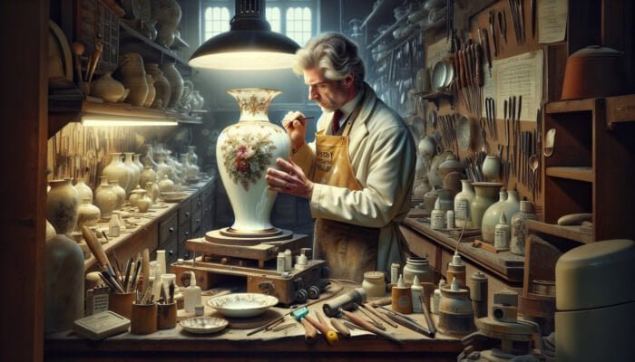 A skilled artisan restoring a chipped porcelain vase in a well-lit workshop in Enfield.