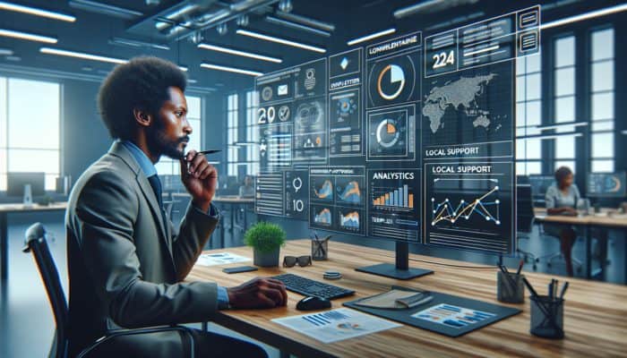 A South African entrepreneur evaluating affordable newsletter platforms with a budget chart in a modern office.