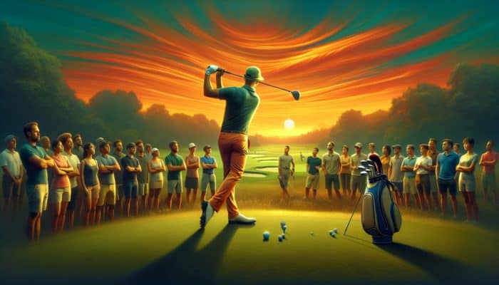 A South African golf pro providing swing tips at sunset on a lush course, with eager students watching.