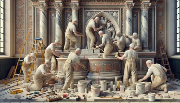 Professionals employing traditional techniques to restore a historic UK building, ensuring its authenticity and historical significance.