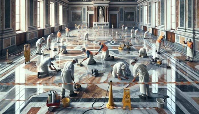 Diligent cleaning and honing of historic marble floors at Buckingham Palace, merging traditional and modern techniques.