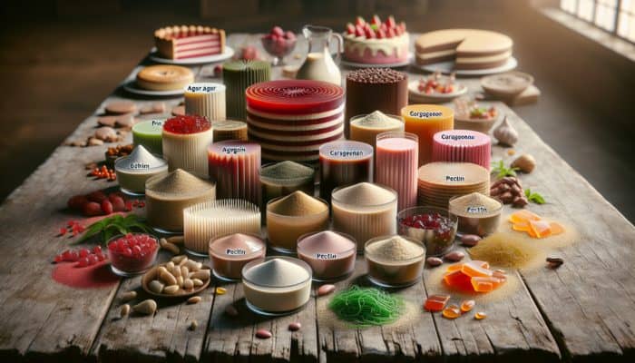 Ingredients for vegan gelatin: agar agar, carrageenan, pectin, displayed on a rustic table with plant-based desserts.