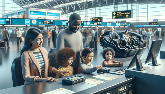 Family at car rental desk selecting GPS and child seat, with a busy airport backdrop.