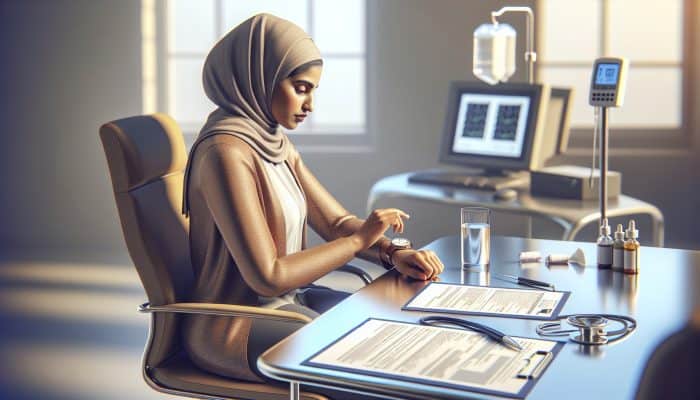 A person in a clinic, checking time and holding water, with medical documents, preparing for a diabetes blood test.