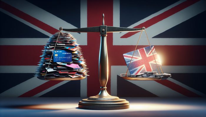 Debt Consolidation Loan Payoff Milestones: UK Guide | DCL A scale with credit cards and loans on one side, a glowing loan document on the other, against the UK flag.