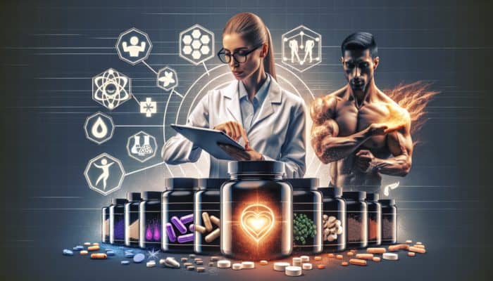 Person comparing recovery supplement labels, with icons for muscle repair, inflammation reduction, and energy restoration.