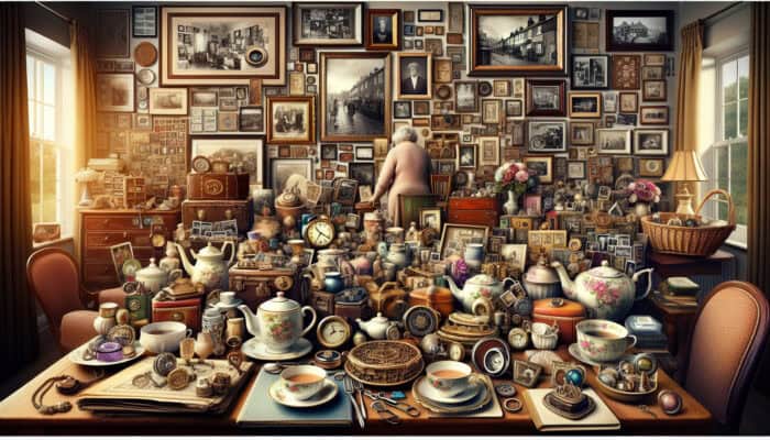 Emotional Donation Tips for Clearance: Montage of family heirlooms and personal mementos symbolising emotional donations in a UK home.