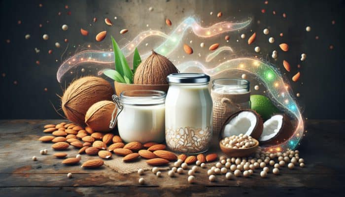 An array of non-dairy products like almond yogurt, coconut kefir, soy cheese in glass jars with plant-based ingredients and glowing bacteria.
