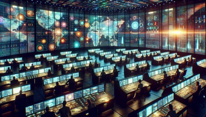 Experts in a high-tech control room analyzing emergency beacon data on large screens with urgency.