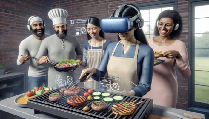Using VR for BBQ Cooking Simulations: Person in VR headset grilling on virtual BBQ, with 3D environment, tutorials, feedback, and multiplayer cooking.