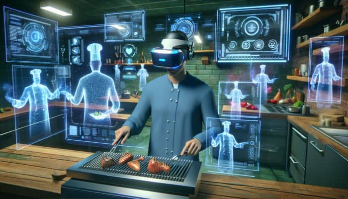 A user in VR grilling on a high-tech BBQ, guided by holographic chefs in a futuristic kitchen with digital displays.