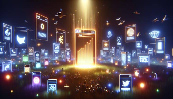 A vibrant website glowing amidst dull competitors, symbolising SEO success through fresh, updated content.