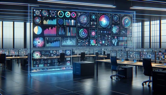 A futuristic dashboard in a modern office, showcasing automated content updates with graphs of efficiency and human monitoring.