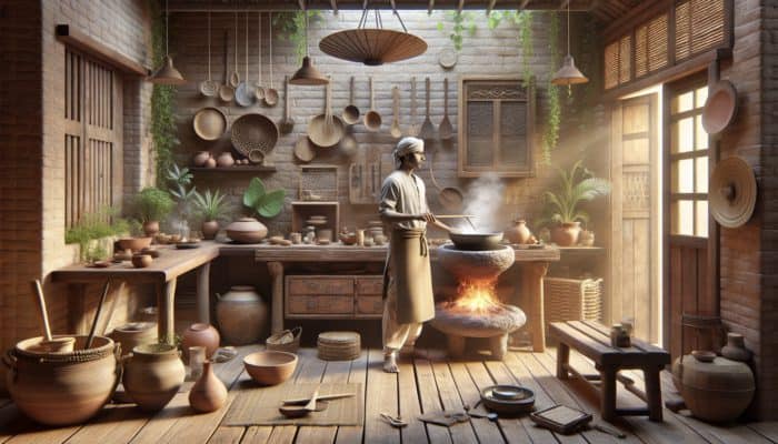 A person in a rustic kitchen using ancient cooking methods like open fire, solar oven, and clay pot.