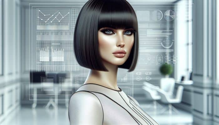 Elegant woman with a sleek, jaw-length bob cut and full bangs, exuding sophistication.
