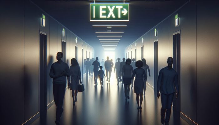 Emergency Lighting Solutions: A dimly lit corridor with emergency lights guiding people to safety during a power outage.