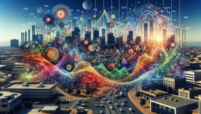 Interest Rate Shifts Impact Randburg First-Time Buyers: Colorful graphs of economic indicators influencing interest rates, with Randburg skyline in background.